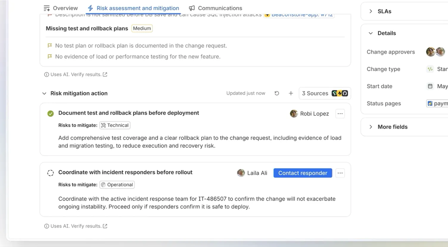 The “Risk assessment and mitigation” tab on a change: reported gaps in the test plan and two mitigation actions with owners and risk labels