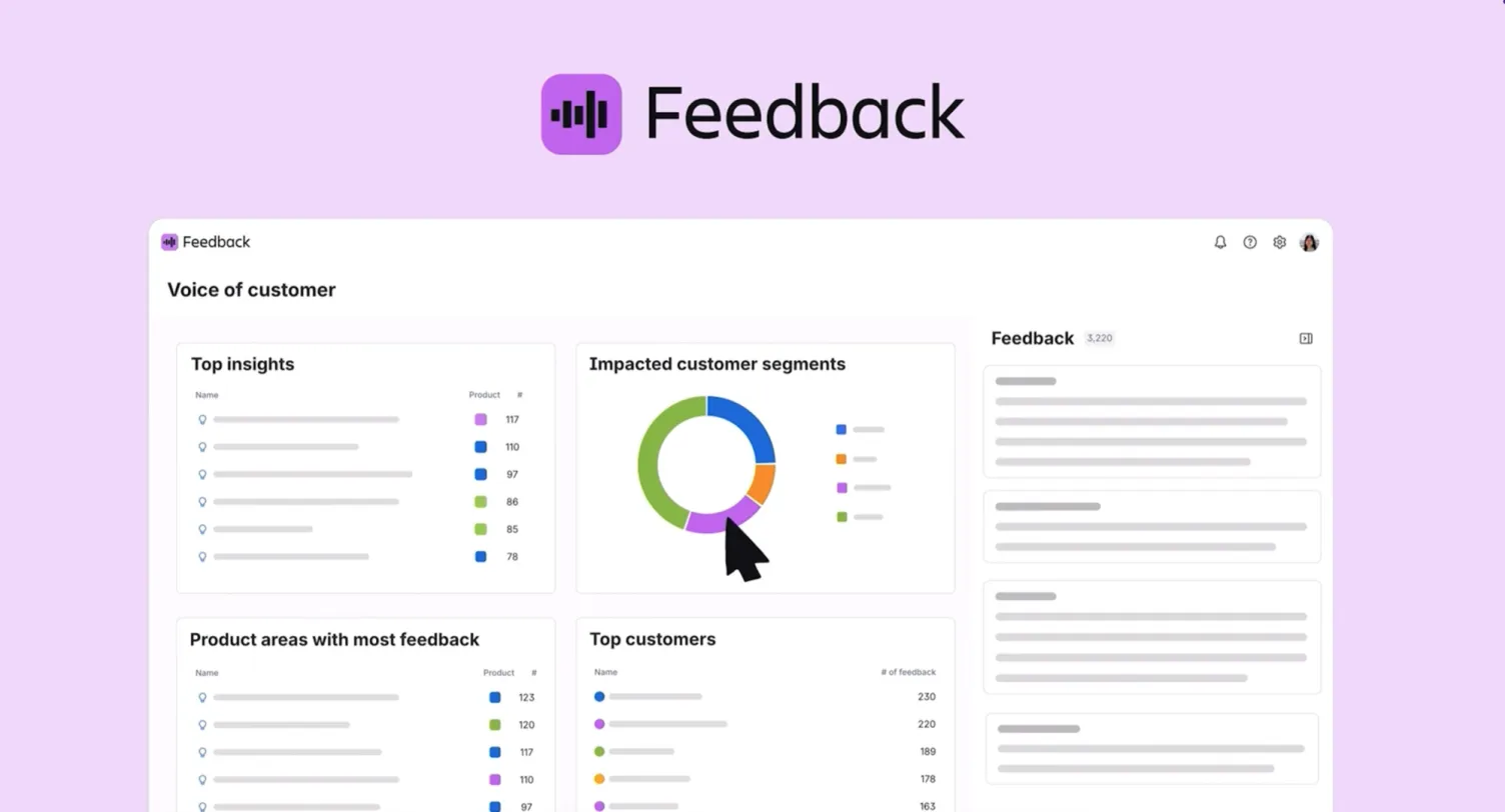 The Atlassian Feedback app: a voice-of-customer overview with top insights, affected customer segments as a donut chart, and a feedback list