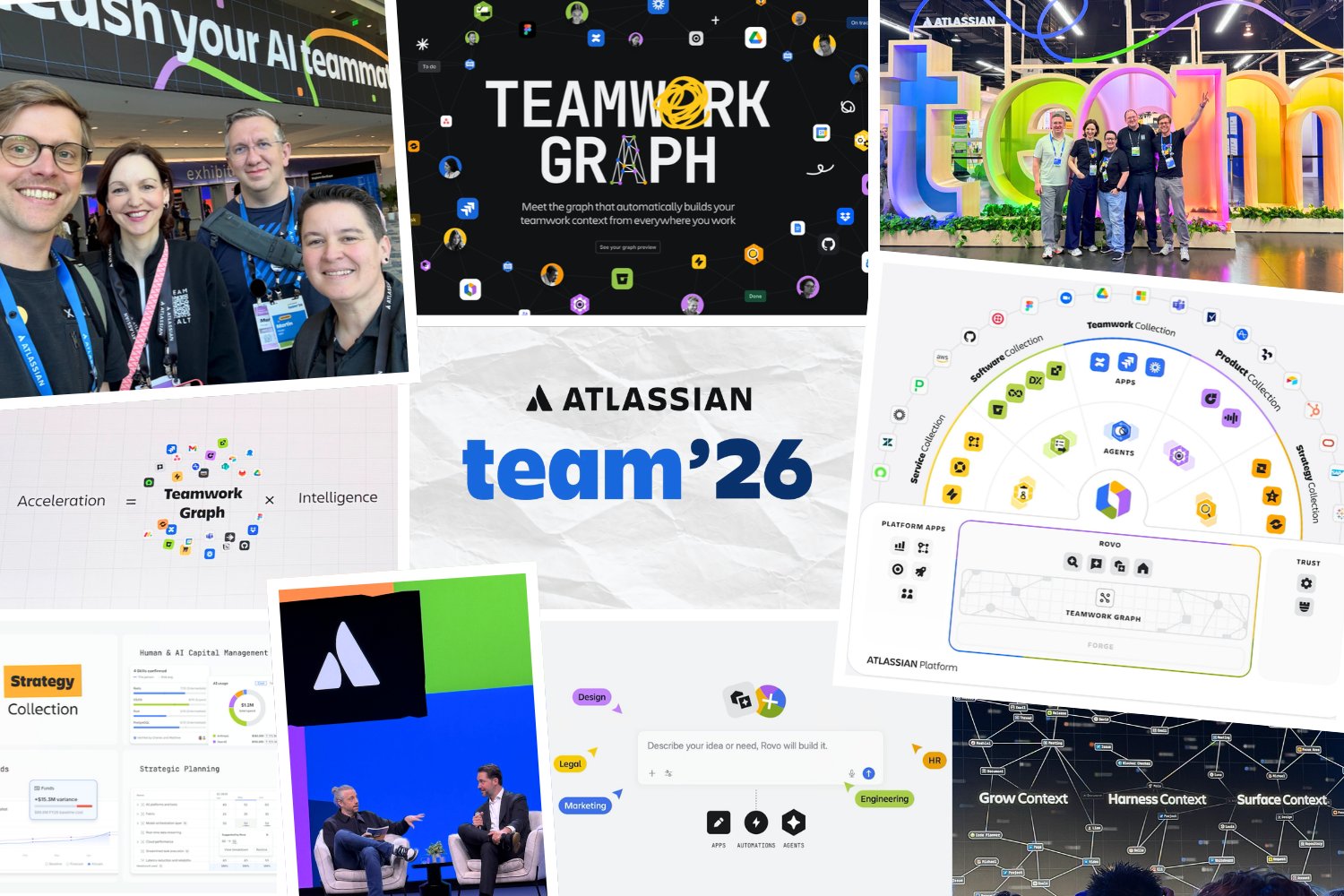 Collage for Atlassian Team ’26: the XALT team at the conference, Teamwork Graph and Rovo slides, the Atlassian platform diagram and the Team ’26 logo